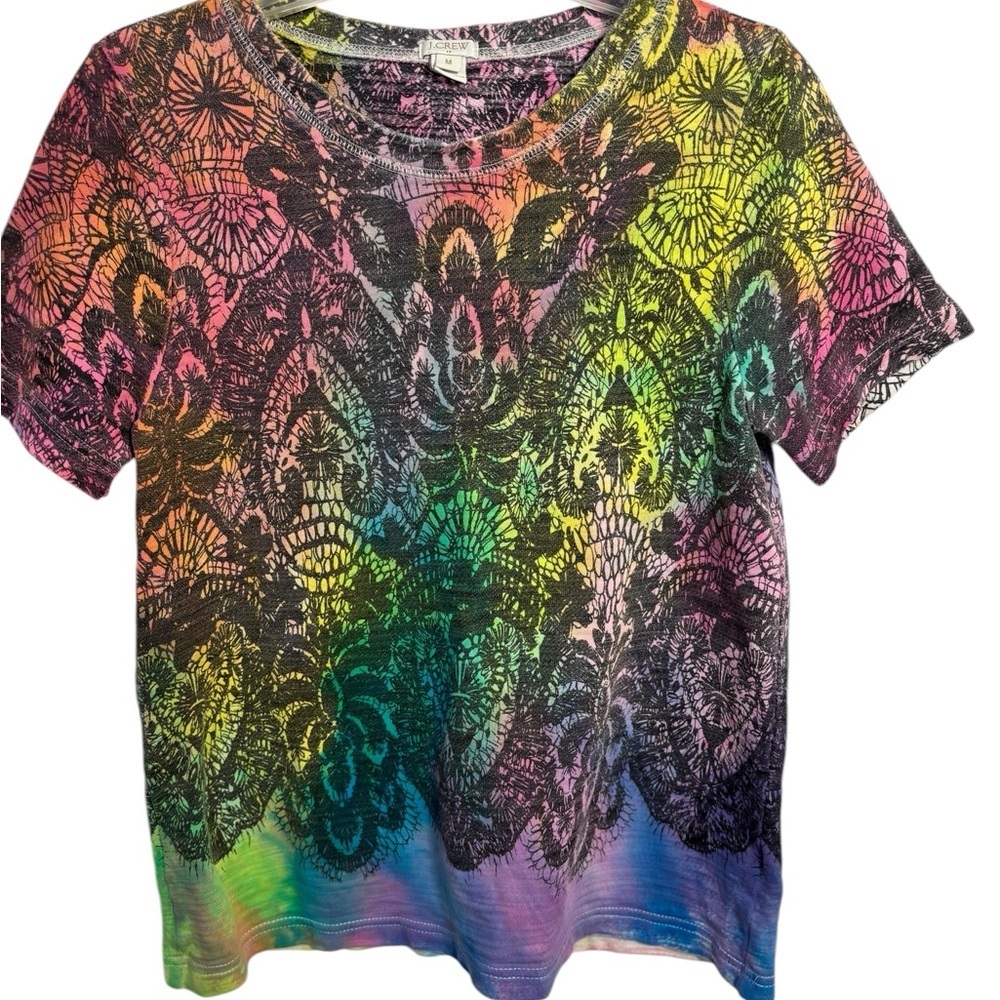 Artisan Vintage Upcycled Hand Dyed Colorful Lace Pattern Short Sleeve Top Medium